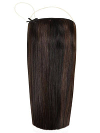 Premium Halo Hair Extensions in Espresso #1B/2 with adjustable clear wire and no damage design