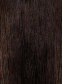 Clip-in hair extension, Bang Booster - Dark Brown #2, made from smooth dark brown human hair with subtle natural strands.