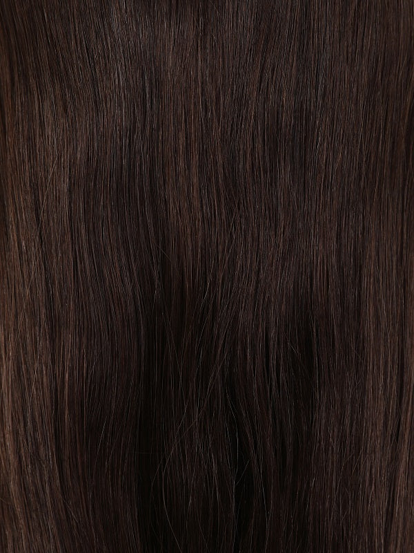 Clip-in hair extension, Bang Booster - Dark Brown #2, made from smooth dark brown human hair with subtle natural strands.