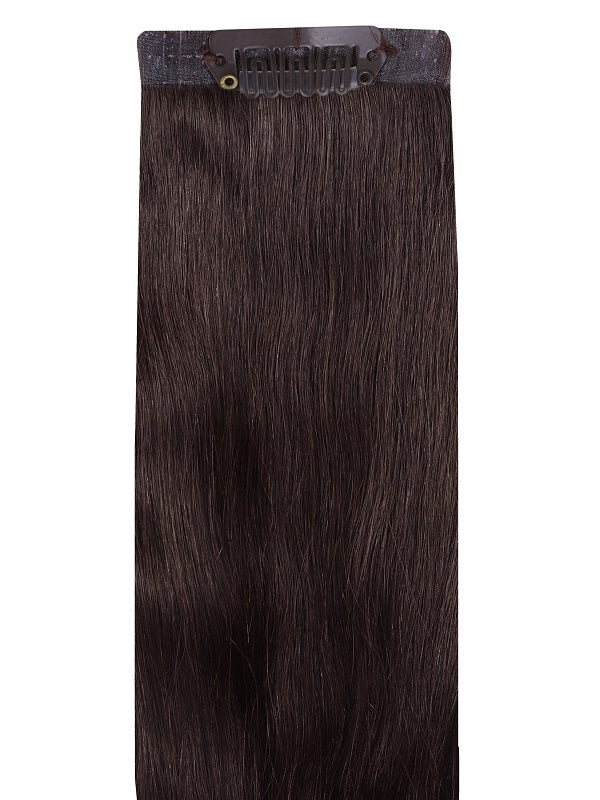 Clip-in hair extension, Bang Booster - Dark Brown #2, sleek dark brown human hair with a discreet mini clip attachment.