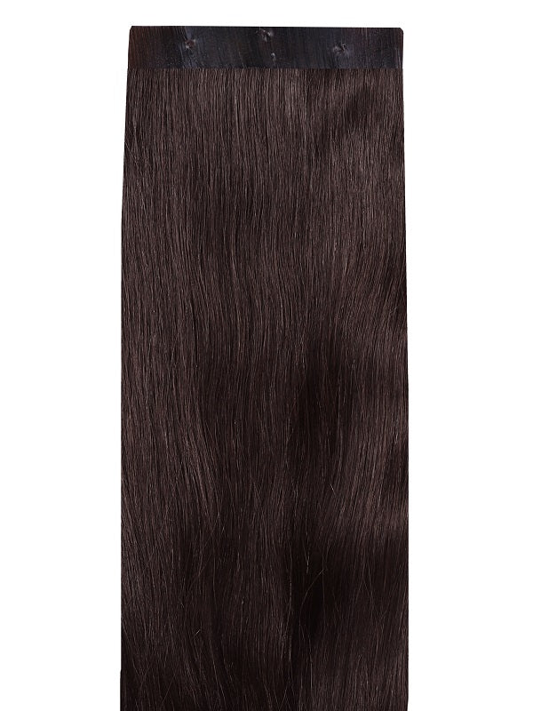 Clip-in hair extension Bang Booster - Dark Brown #2 in glossy, straight dark brown human hair with a seamless weft.