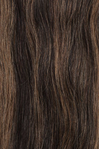 Bang Booster hair extension in deep brown with fine lighter highlights, featuring long, straight strands and a natural-looking blend.
