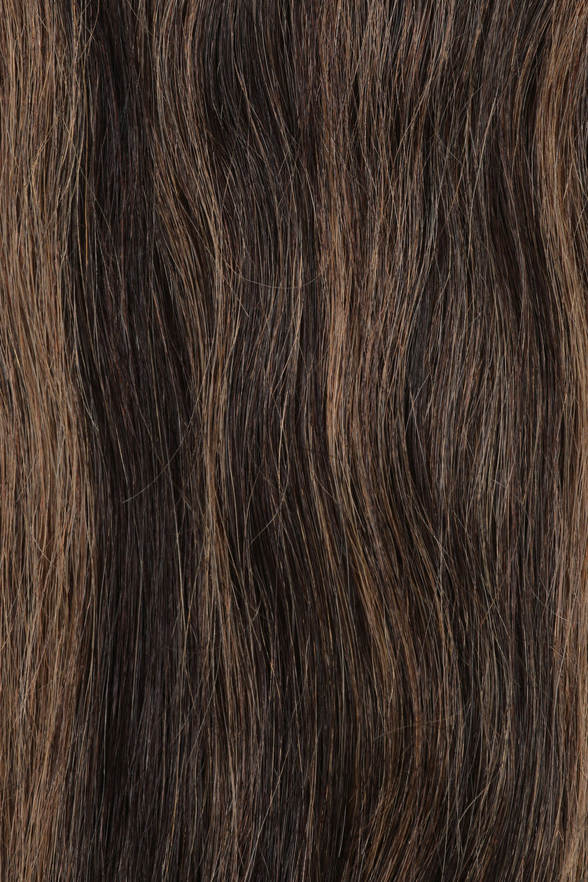 Bang Booster hair extension in deep brown with fine lighter highlights, featuring long, straight strands and a natural-looking blend.