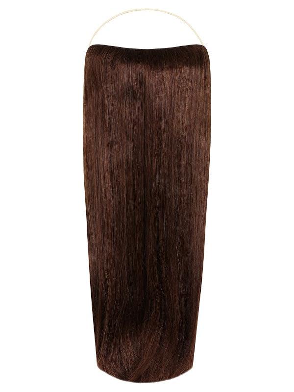 Halo Hair Extensions in Cocoa Brown #3 with adjustable wire, no clips or glue, shown in various lengths