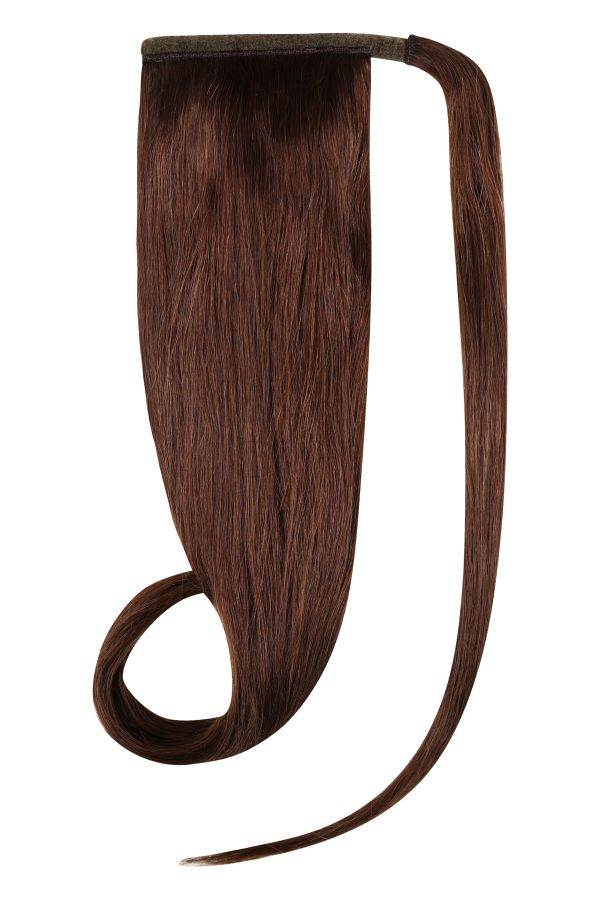 Ponytail hair extensions in cocoa brown #3 made of 100% Indian human Remy hair for added length and volume