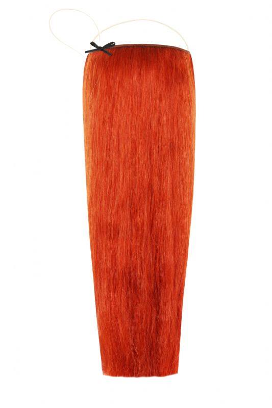 The Halo Copper #29 hair extensions with adjustable clear wire in copper shade, no clips or glue, suitable for fine hair.