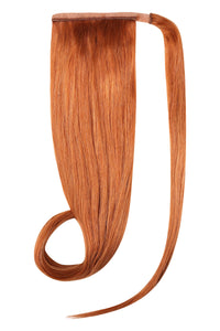 Ginger Aura #K9 ponytail hair extensions made of 100% Indian human Remy hair, available in 20" and 24" lengths.