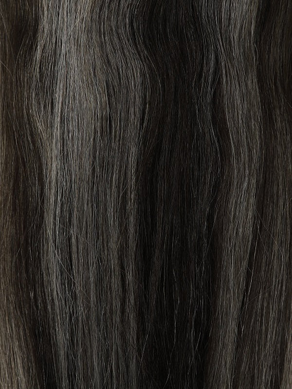 Bang Booster clip-in hair extensions in dark brown with subtle silver strands, featuring long, straight human hair and a seamless finish.