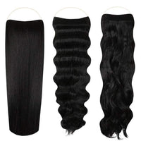Syn Halo Hair Extensions Trio pack with sleek straight, beach wave, and bouncy curl styles in premium Kanekalon fibers