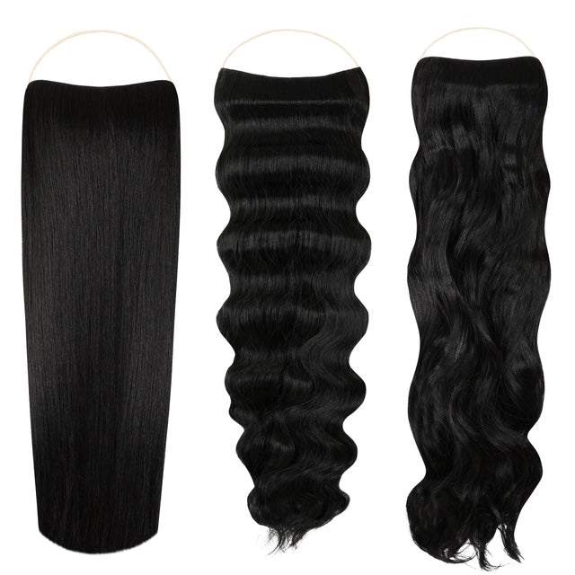 Syn Halo Hair Extensions Trio pack with sleek straight, beach wave, and bouncy curl styles in premium Kanekalon fibers