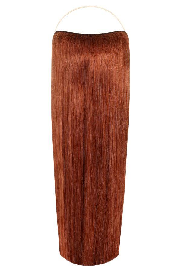Premium Halo Hair Extensions in Maple Copper #K5 with adjustable clear wire and no-damage design