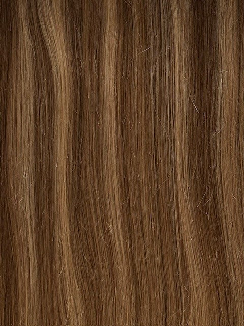 Clip-in hair extension, Bang Booster - Mixed #4/8, long straight Remy human hair in blended medium brown and blonde tones.