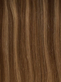 Clip-in hair extension, Bang Booster - Mixed #4/8, long straight Remy human hair in blended medium brown and blonde tones.