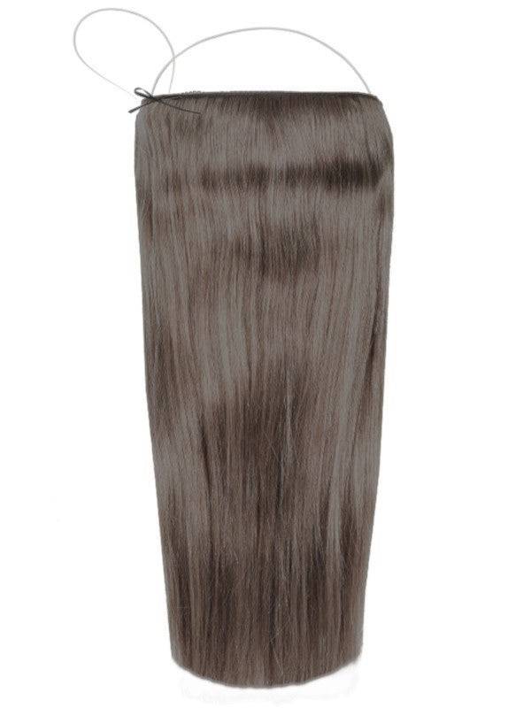 Halo Iced Mocha #5A hair extensions showing 12 to 20 inch lengths with adjustable clear wire and no-damage design
