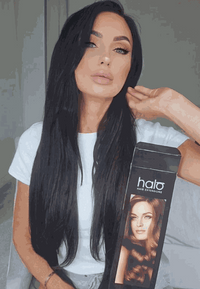 Deluxe Halo Hair Extensions in Natural Black #1B with adjustable clear wire and no clips, 16" and 20" lengths, 140g and 160g weight