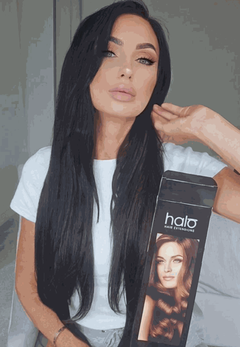 Deluxe Halo Hair Extensions in Natural Black #1B with adjustable clear wire and no clips, 16" and 20" lengths, 140g and 160g weight