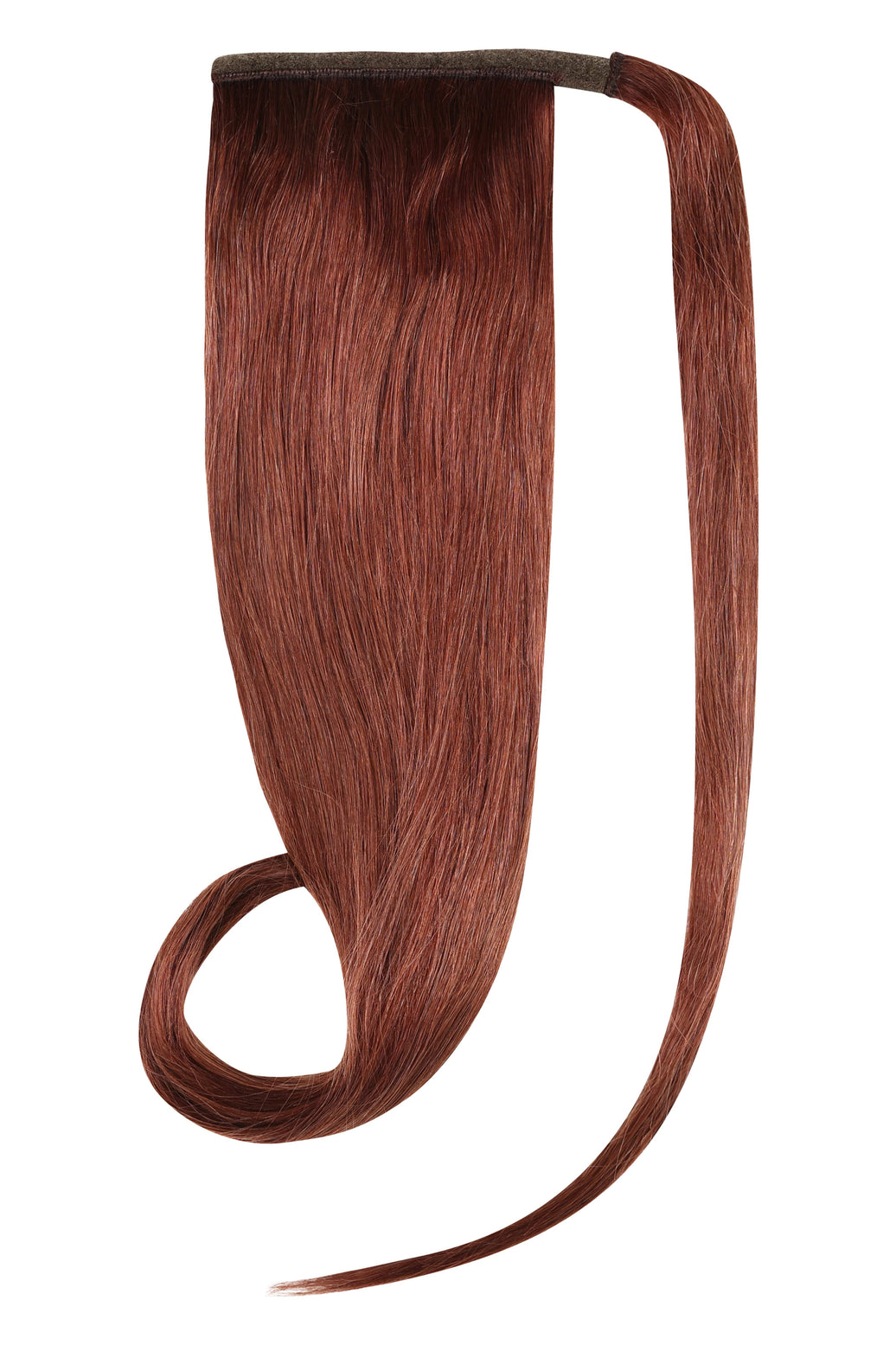 Ponytail hair extensions in spiced auburn #K1 color made from 100% Indian human Remy hair showcasing length and volume enhancement.