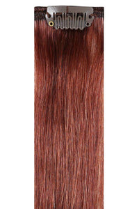 Deluxe head clip-in hair extensions in spiced auburn color showing multiple clip-in pieces