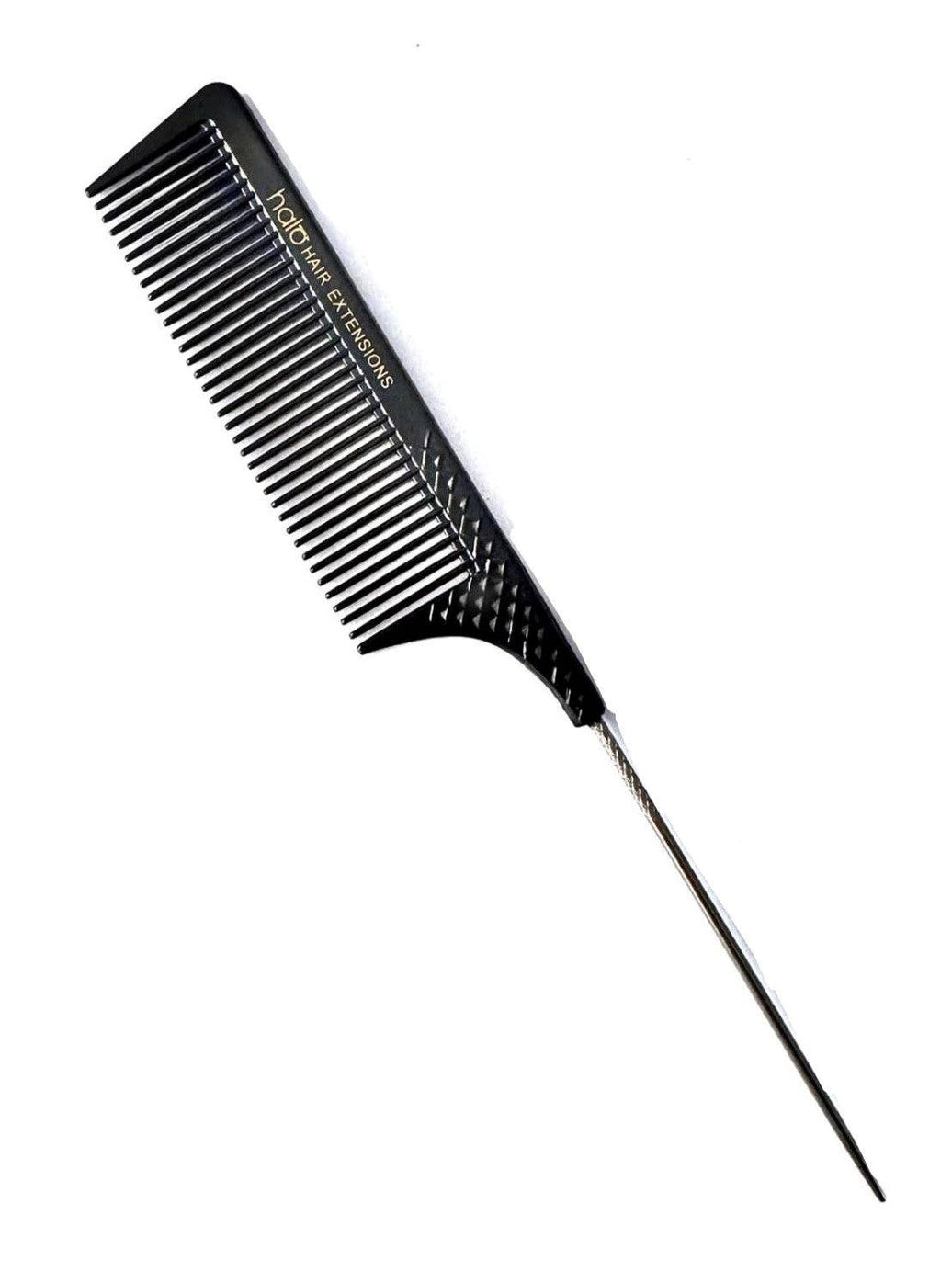 Black plastic Tail Comb with fine, evenly spaced teeth, a pointed silver metal tail and branded handle detailing.