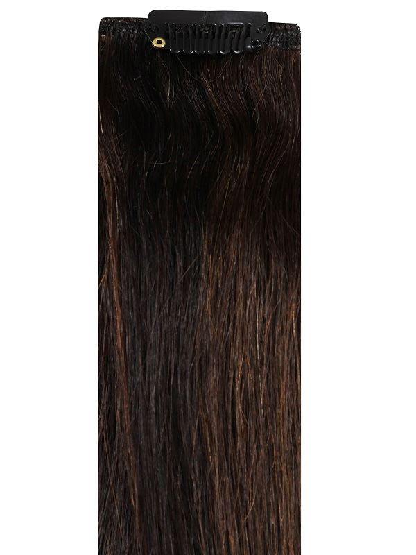 Full head clip-in hair extensions in espresso #1B/2 color, 100% Indian Remy human hair with 14 clips and 8 pieces