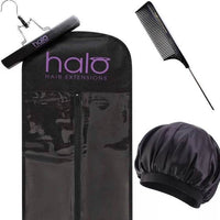 Halo 'TLC' Bundle with a black hair extension storage bag, clamp hanger, tail comb and satin bonnet