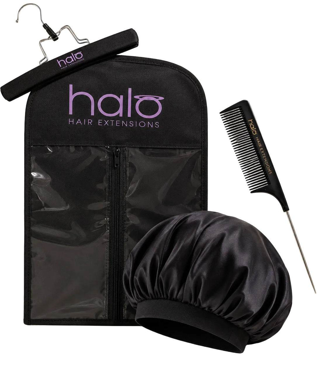 Halo 'TLC' Bundle with black storage hanger bag, satin bonnet and fine-tooth tail comb for hair care
