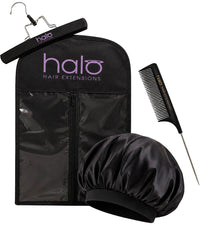 Halo 'TLC' Bundle with black storage hanger bag, satin bonnet and fine-tooth tail comb for hair care
