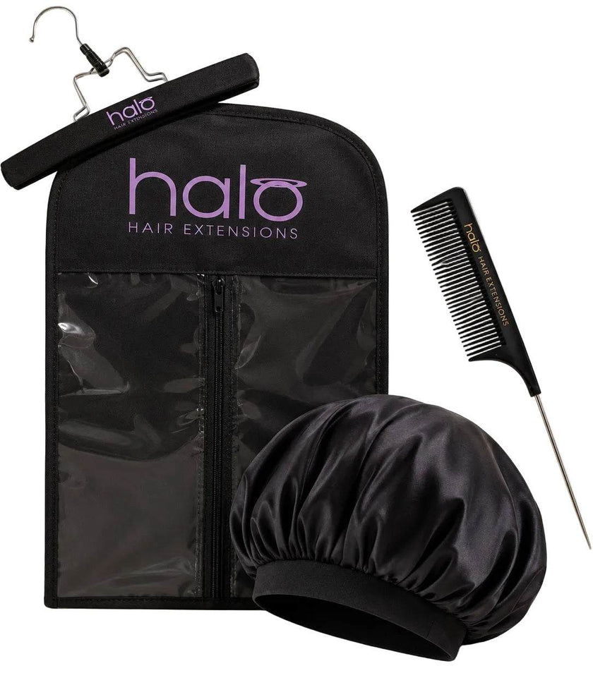 Halo 'TLC' Bundle with black storage hanger bag, satin bonnet and fine-tooth tail comb for hair care