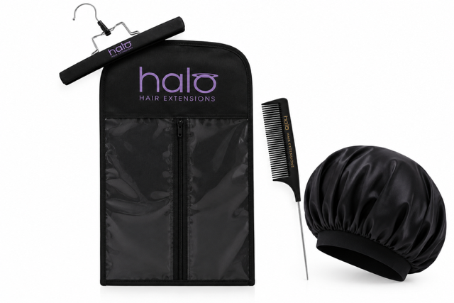 Halo 'TLC' Bundle with a black zip-up extension storage bag, branded clamp hanger, tail comb and silk bonnet