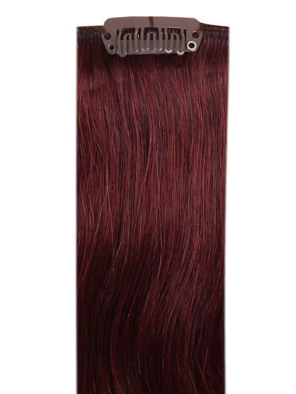 Deluxe Head Clip-In Plum #99J hair extensions with 21 clips, 12 pieces, and 100% Indian Remy human hair