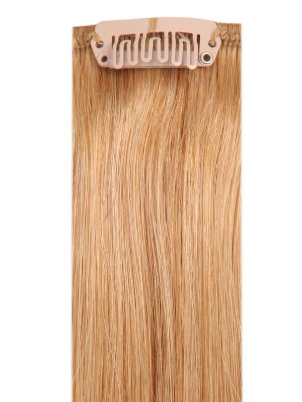 Full head clip-in hair extensions in strawberry blonde #27 with 14 clips and 8 pieces