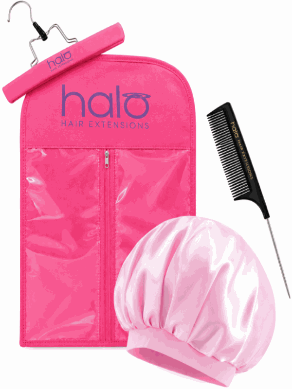 Halo 'TLC' Bundle with a bright pink storage hanger and clear pockets, a pale pink silk bonnet, and black tail comb.