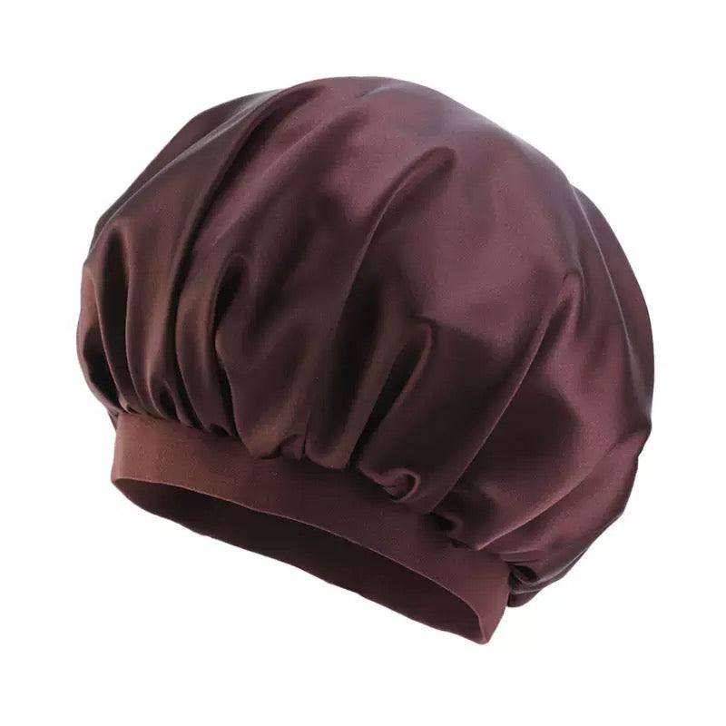 Pink Bonnet Cap in glossy dark brown satin with a gathered crown and wide elastic band