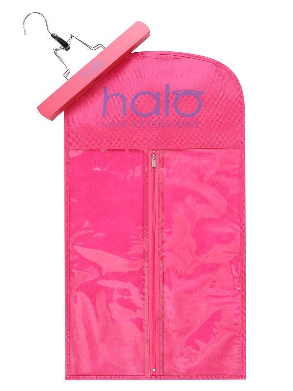 The Pink Style & Store Hanger Set for Halo Hair Extensions with transparent zip bag