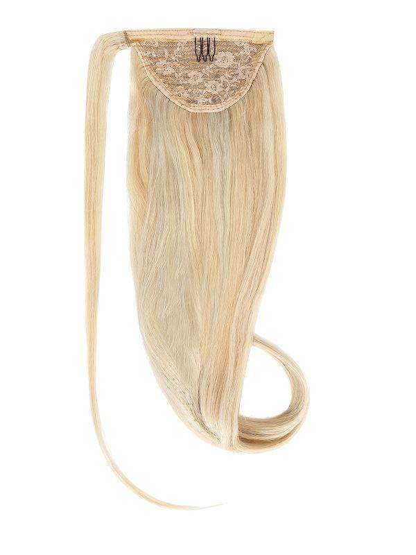 Ponytail Hollywood Blonde hair extension in long, straight ash blonde strands with a lace weft and wrap-around section